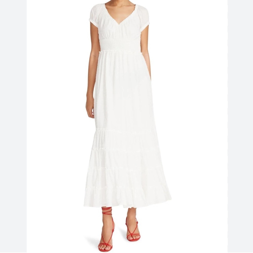 Betsey Johnson | White Cotton Clip Dot Sweetheart Smocked Midi Dress Size Medium